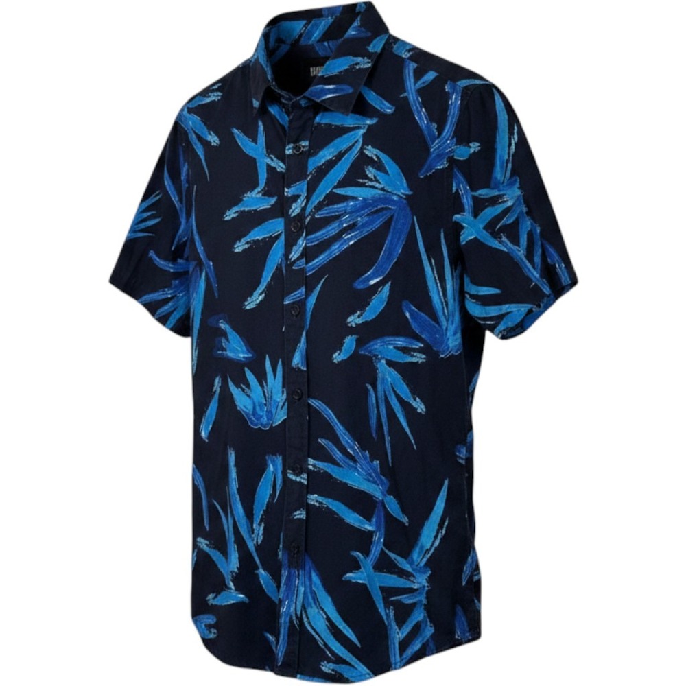 Straight Faded Button Down Shirt Men Small Blue Tropical Leaf Short Sleeve